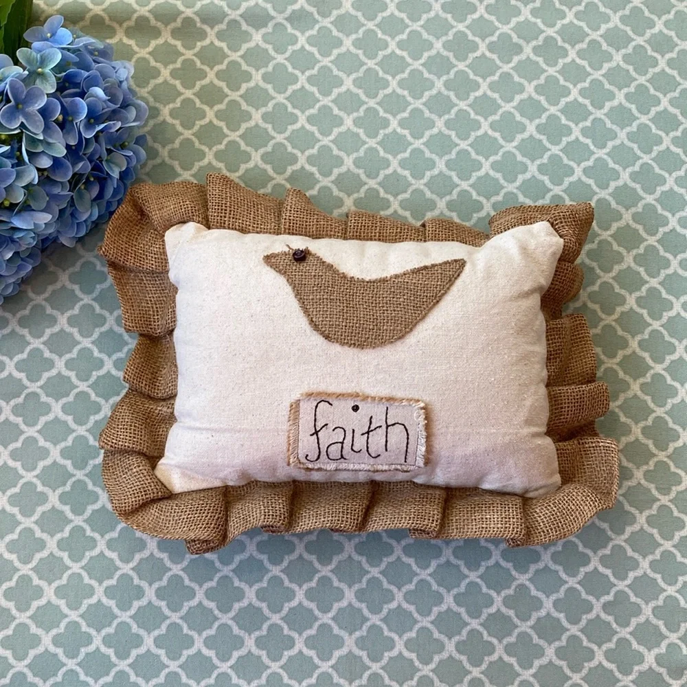 Glory Haus Bird Faith Burlap Pleated Ruffle Trim Pillow